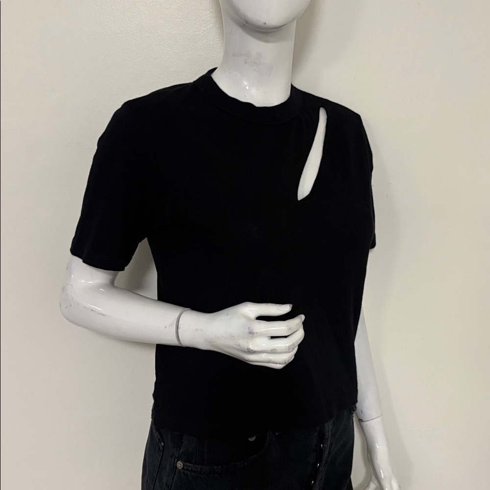 RtA Black Cotton Short Sleeve T-Shirt w Slash Cutout at the Chest Revolve FWRD - Picture 3 of 6